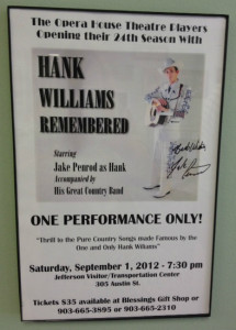 Jake Penrod as Hank Williams Sr. Poster for September 1, 2012 concert in Jefferson Texas