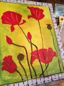 painting of redish poppies on a green and yellow background. The poppies are not completed yet so still show some background through the petals.