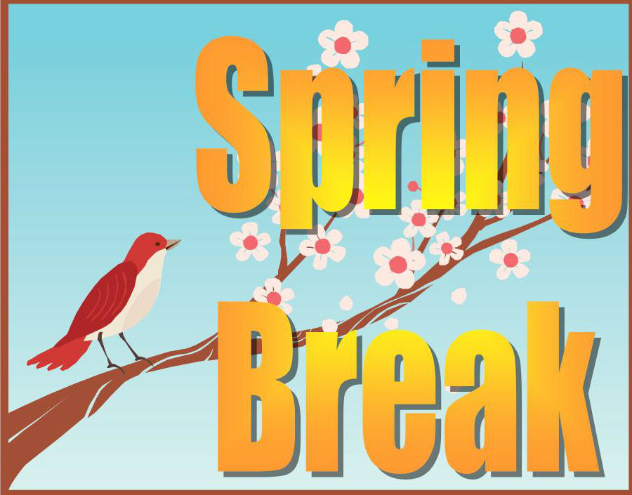 spring break sign with a bird on limb with sring flowers