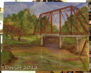 a painting of the old trestle bridge in Jefferson Texas that spans the bayou.